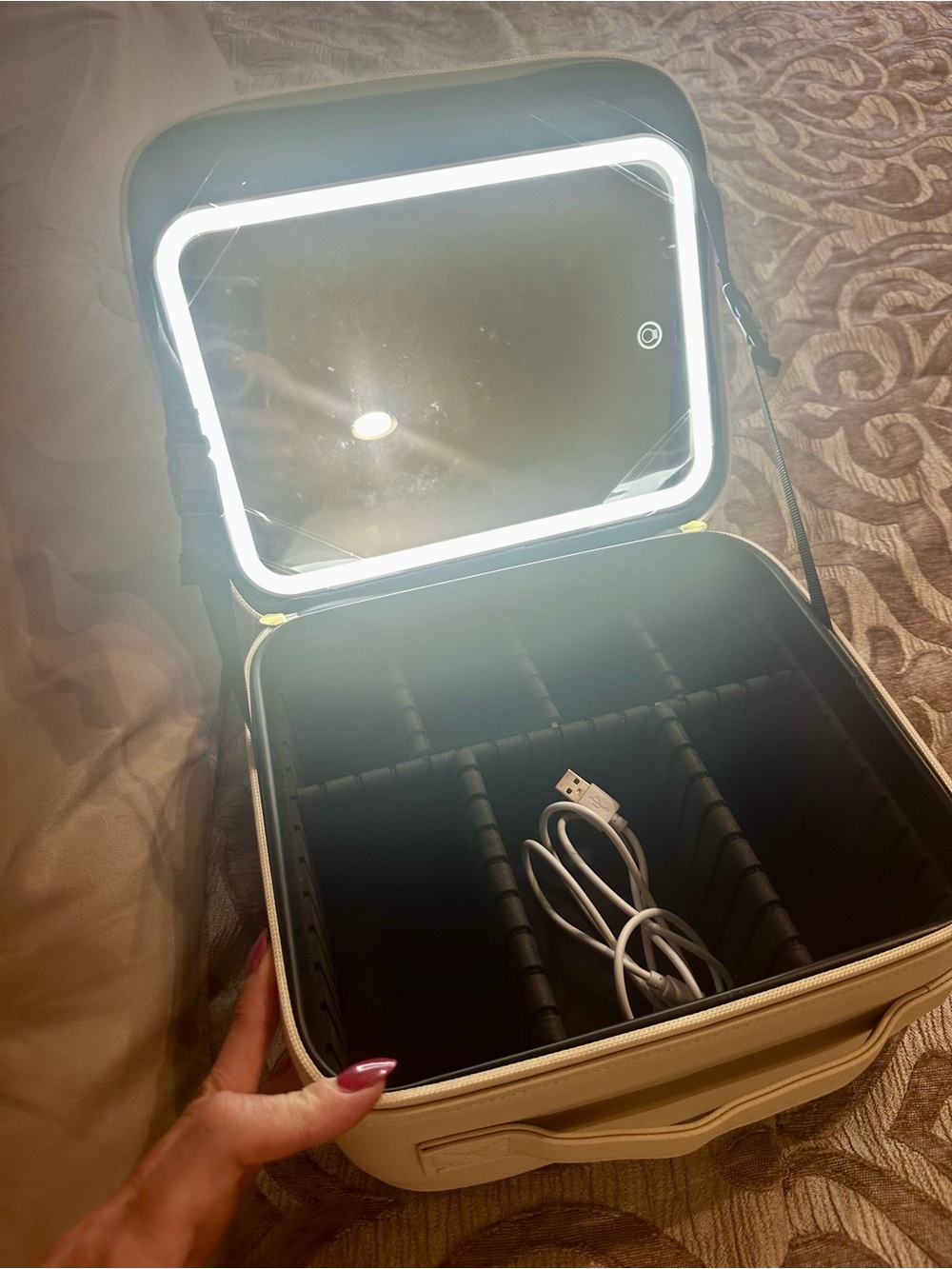 LED Lighted Cream Cosmetic Train Case with Removable Compartments